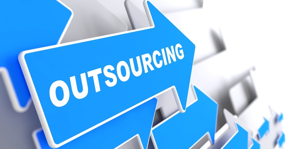 Outsourcing - Business Background. Blue Arrow with "Outsourcing" Slogan on a Grey Background. 3D Render..jpeg
